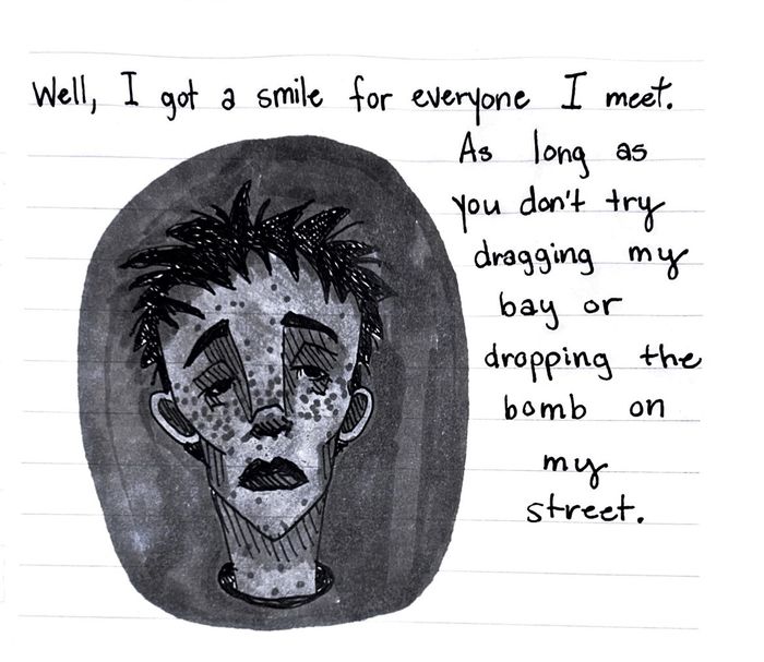 Hand-drawn face with handwritten verse
